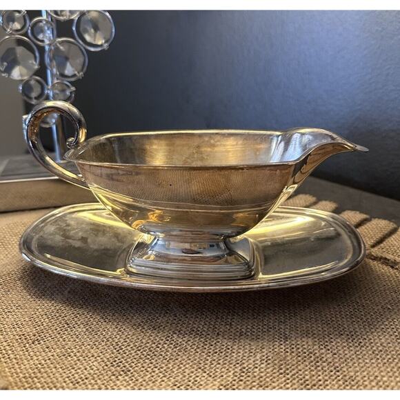 Vintage Silverplate Art Deco Gravy Sauce Boat Dressing Tray Drip Plate Platter - Picture 1 of 6